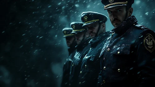 Uniformed officers standing in snowy low light environment.