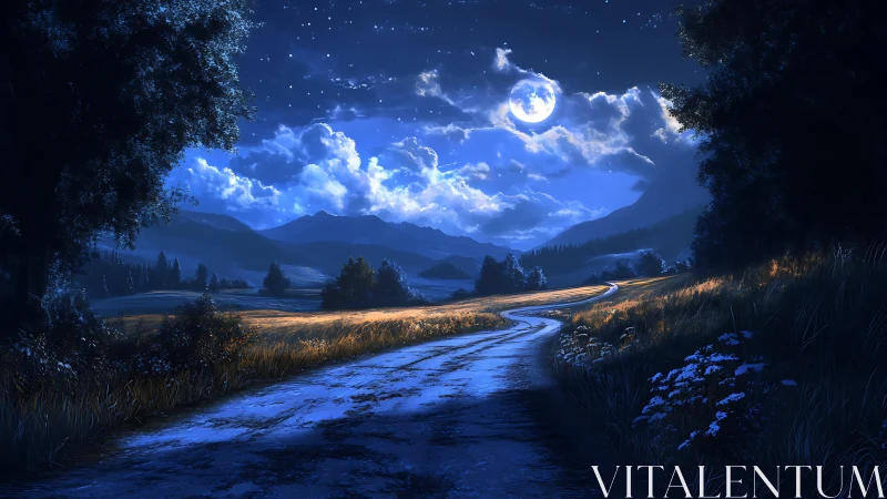 Moonlit country road curves through luminous nocturnal valley