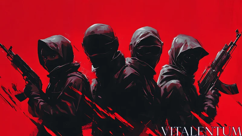 Four tactical gunmen in hooded gear rendered with sharp red contrast