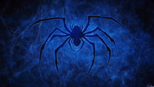 Midnight neon spider silhouette on glowing webbed blue.