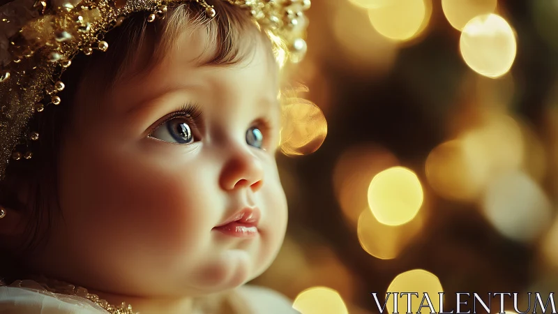 Child portrait shows close-up profile with soft bokeh lights