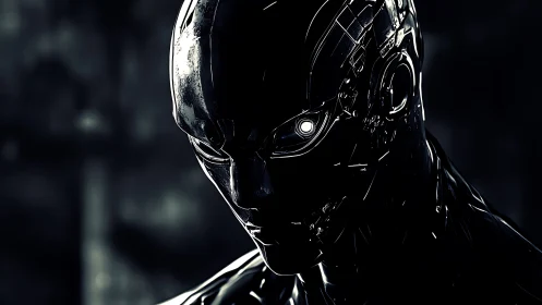 Mysterious chrome android gazes ahead with glowing resolve