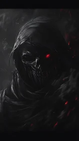 Hooded reaper wreathed in black smoke and red embers.