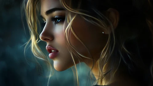 Side profile portrait of young woman in soft light.