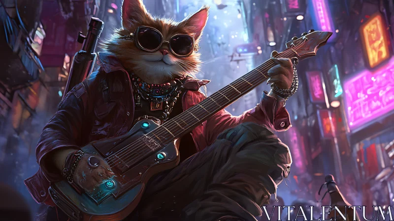 Cyberpunk street cat playing electric guitar at night.