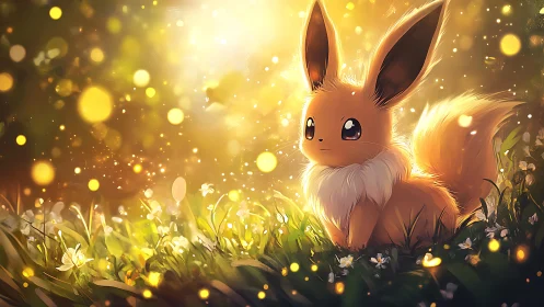 Eevee rendered in luminous meadow with warm light effects.