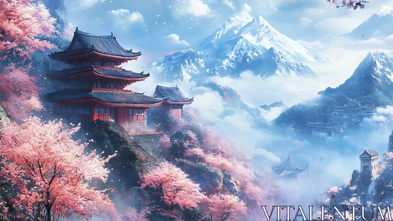 Blossom-clad mountain temples breathe in drifting sky mist.