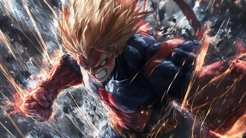 Dynamic anime hero charging forward with explosive motion lines