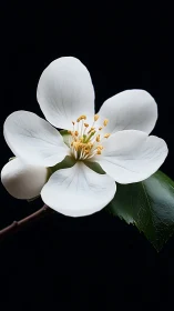 White Flower with Golden Stamens Against Black Background.