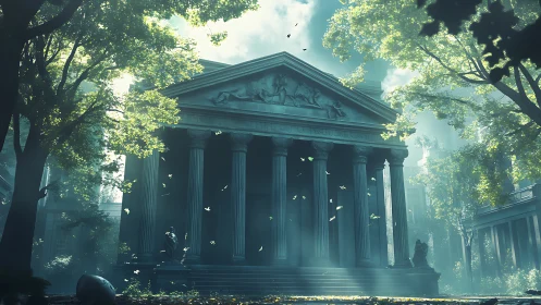 Classical temple facade in luminous forest environment.
