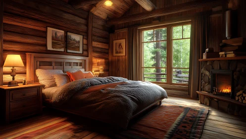 Cozy woodland cabin bedroom glowing with firelight and calm.