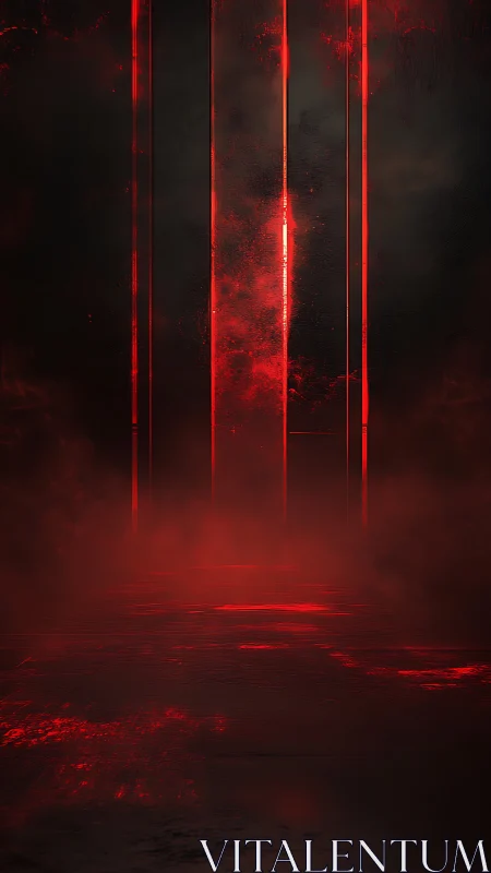 Vertical red light pillars in dark atmospheric space.