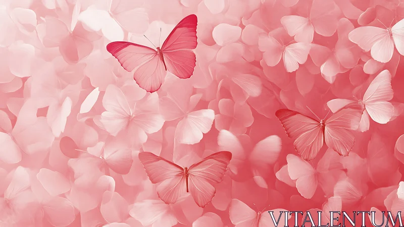 Monochrome pink butterflies glide across soft bokeh wings