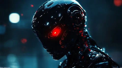 Cybernetic android portrait with glowing red optic core.
