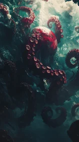 Giant octopus tentacles twist through dark turbulent water
