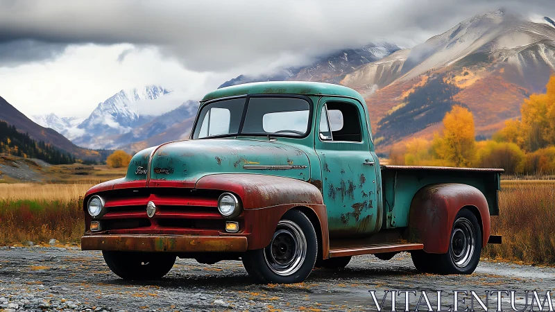Weathered teal pickup rests under brooding alpine sky.