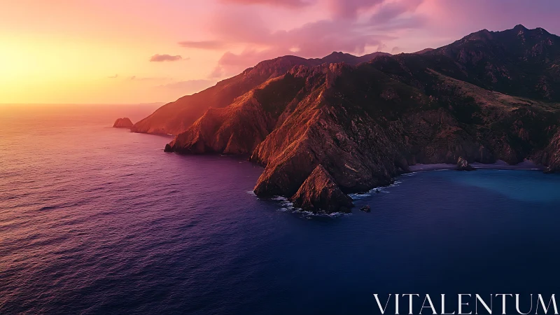 Sunset paints rugged sea cliffs with molten lavender light