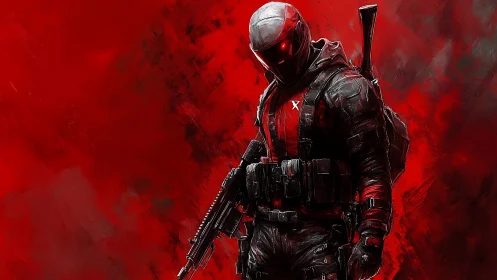 Armored tactical soldier with rifle on red abstract ground.