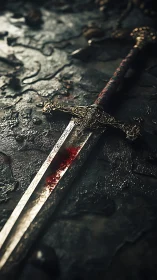 Bloodstained ornate sword resting on wet stone floor.