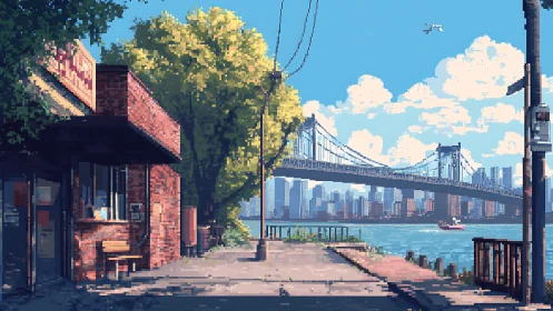 Pixel art riverside street with suspension bridge vista.