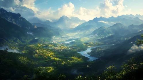 Panoramic alpine river valley under volumetric morning light