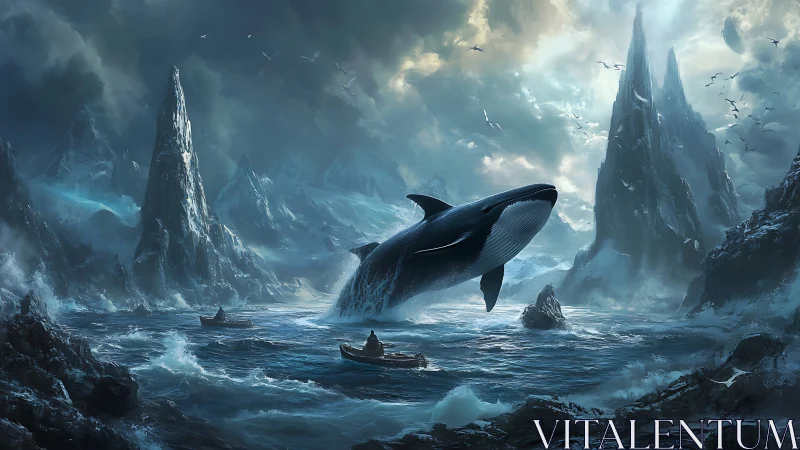 Massive whale breaches before small boats in icy seascape