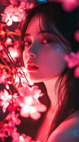 Neon-lit close-up portrait beside pink bokeh blossoms at night