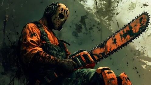 Stormy masked worker holds a battered orange chainsaw ready