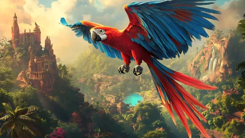 Scarlet macaw soars above mystical jungle temples at dawn