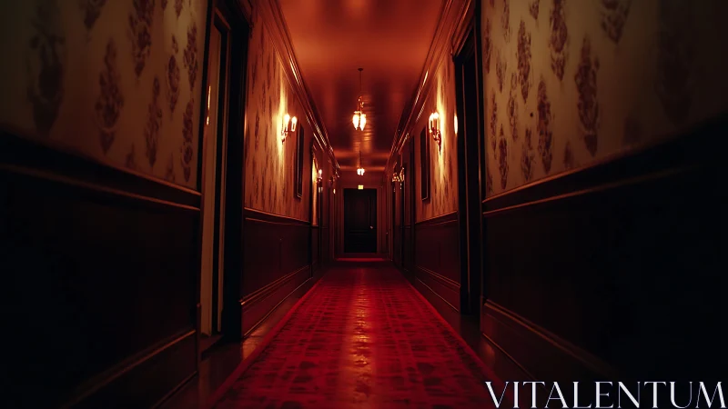 Dim hotel corridor glows with eerie red carpet and shadows