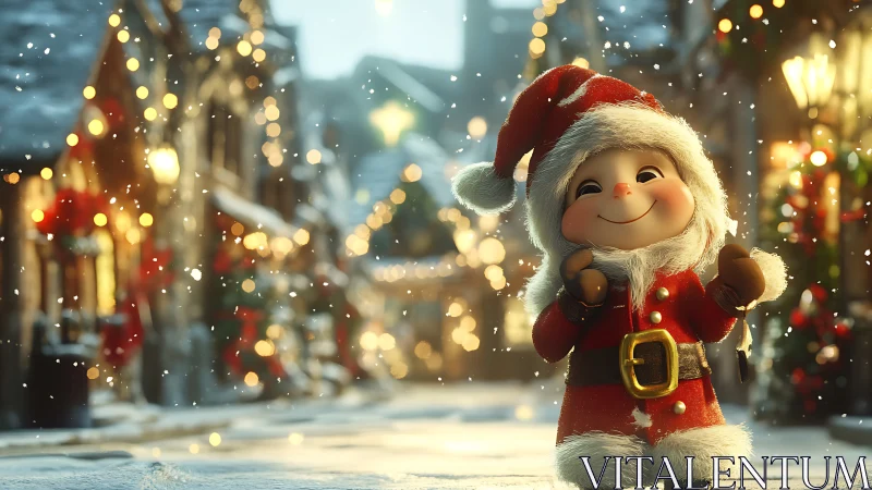 Toy Santa figure in snowy, bokeh‑lit Christmas street scene