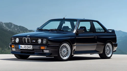Black BMW E30 M3 coupe parked on flat outdoor surface.