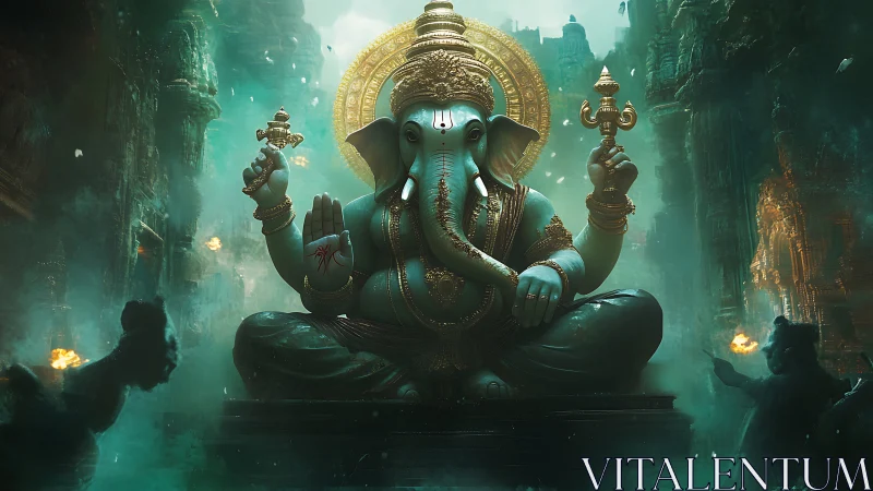 Mystic elephant deity glowing in an emerald temple hush.