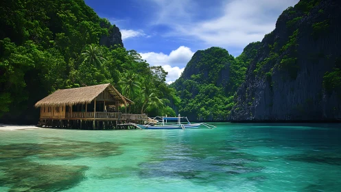 Thatched Boathouse in Tropical Lagoon with Limestone Karst Formations