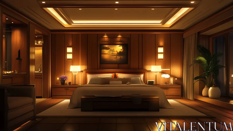 Luxury hotel bedroom shows warm wood paneling and soft lighting