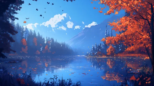 Golden autumn lake under bright mountain skies.