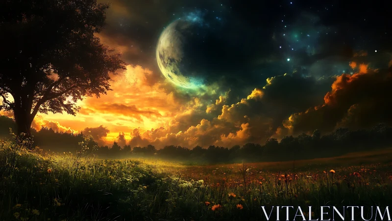 Twilight meadow listens quietly as a colossal moon awakens