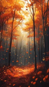 Forest path with autumn foliage under atmospheric light