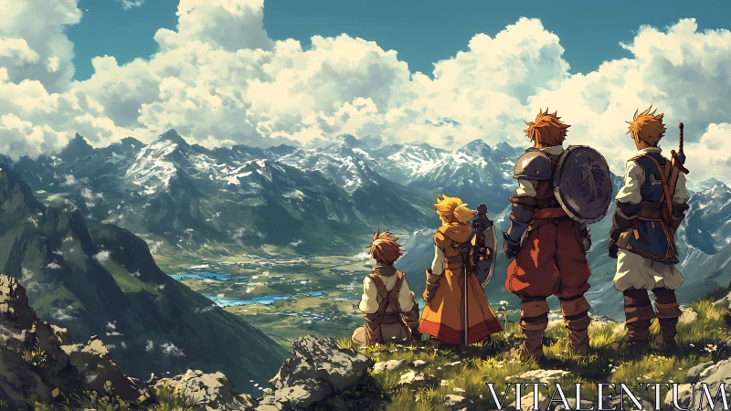 Adventurer quartet greeting a sunlit, story-rich valley.