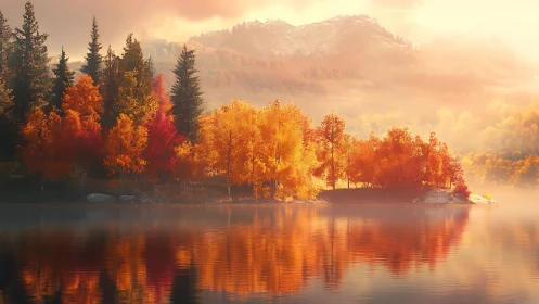 Autumn shoreline reflects in calm lake under diffused light