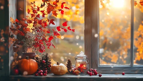 Golden autumn window sill glowing with cozy harvest light.