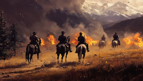 Mounted riders advance toward wildfire under smoky alpine sky