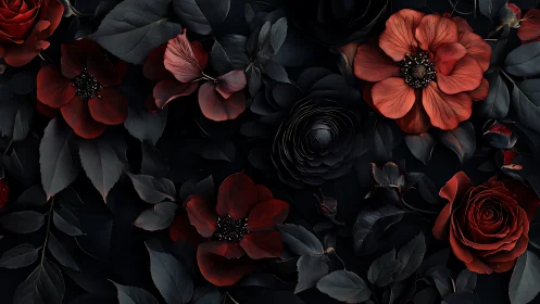 Velvet Darkness Blooms: Crimson Roses Meet Obsidian Petals.