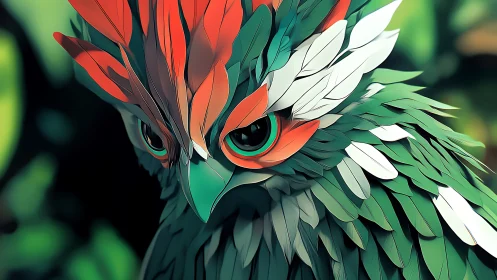 Vibrant stylized owl portrait with colorful feathers in digital art.
