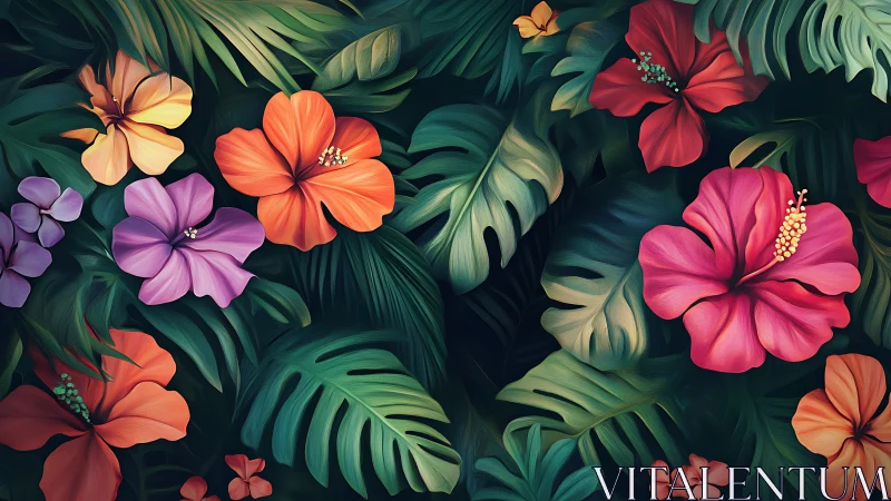 Tropical Hibiscus Botanical Composition Against Layered Foliage.