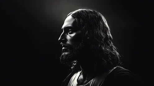 Solitary side-lit portrait of a serene, contemplative figure in shadow