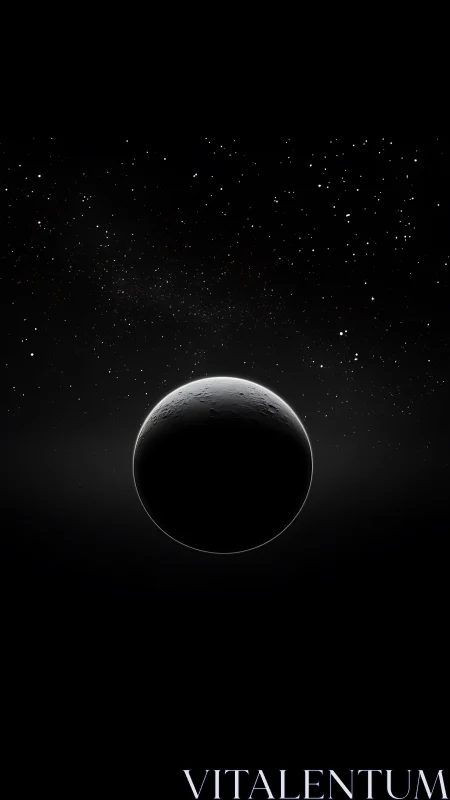 Crescent lit planetary sphere floats against dense star field