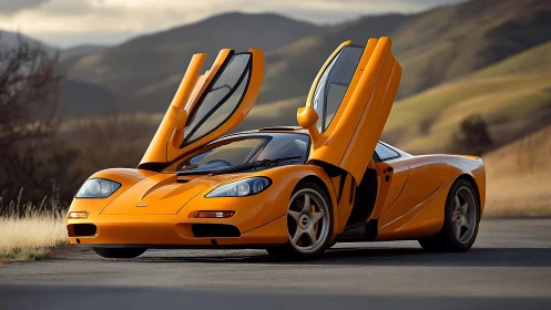 Orange mid‑engine sports car is parked with dihedral doors raised