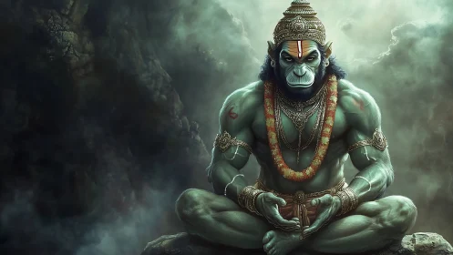 Mythic monkey warrior in meditative seated pose.