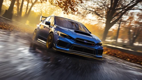 Blue performance car drifts through wet autumn forest road.